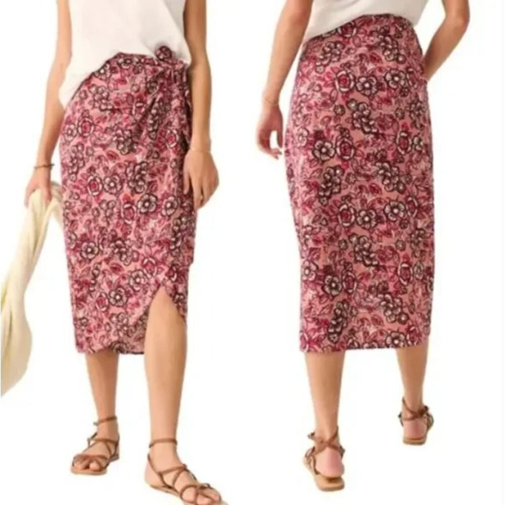 Faherty Pacifica Linen Blend Wrap Skirt Pink Floral Rose Dessert Women's Small
